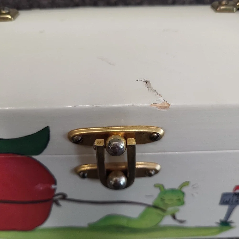 VINTAGE Hand Painted Wooden Purse Box Whimsical Caterpillar Apple Folk Art